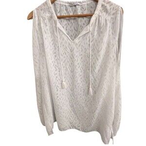 Tahari Blouse Womens M White Burnout Cold Shoulder V-Neck Tassel Tie